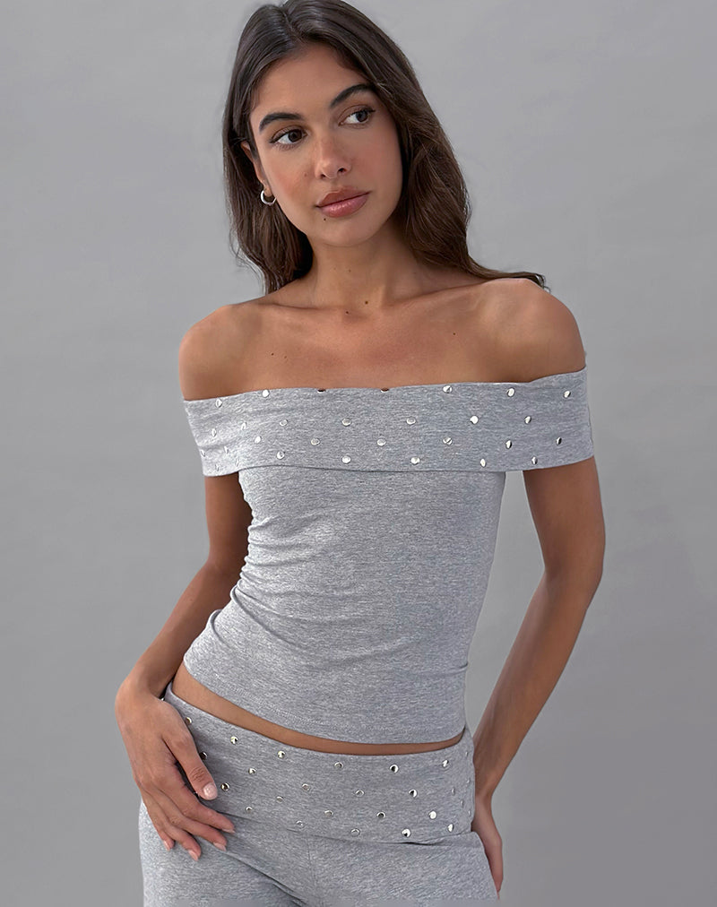 Immagine di Eulala - Top Bardot in grigio marna con borchie