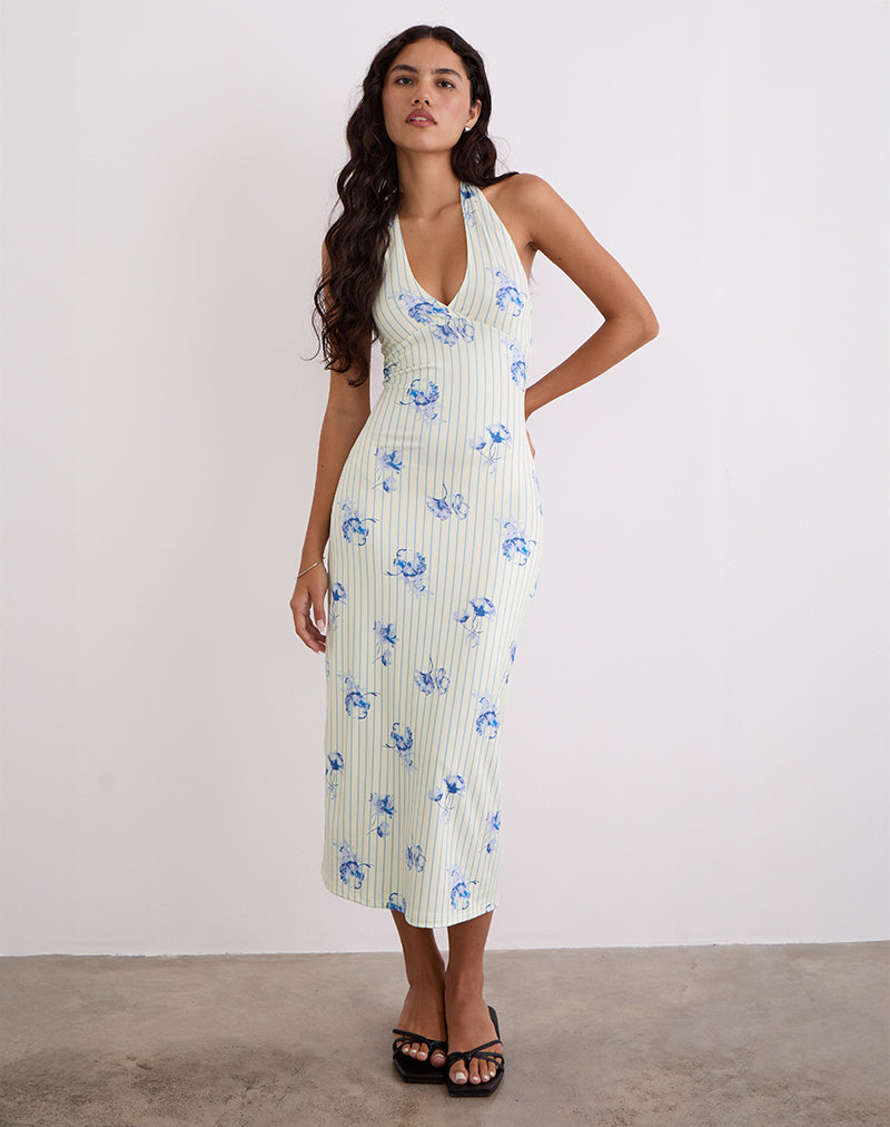 Fadwa - Vestito midi a righe floreali color crema