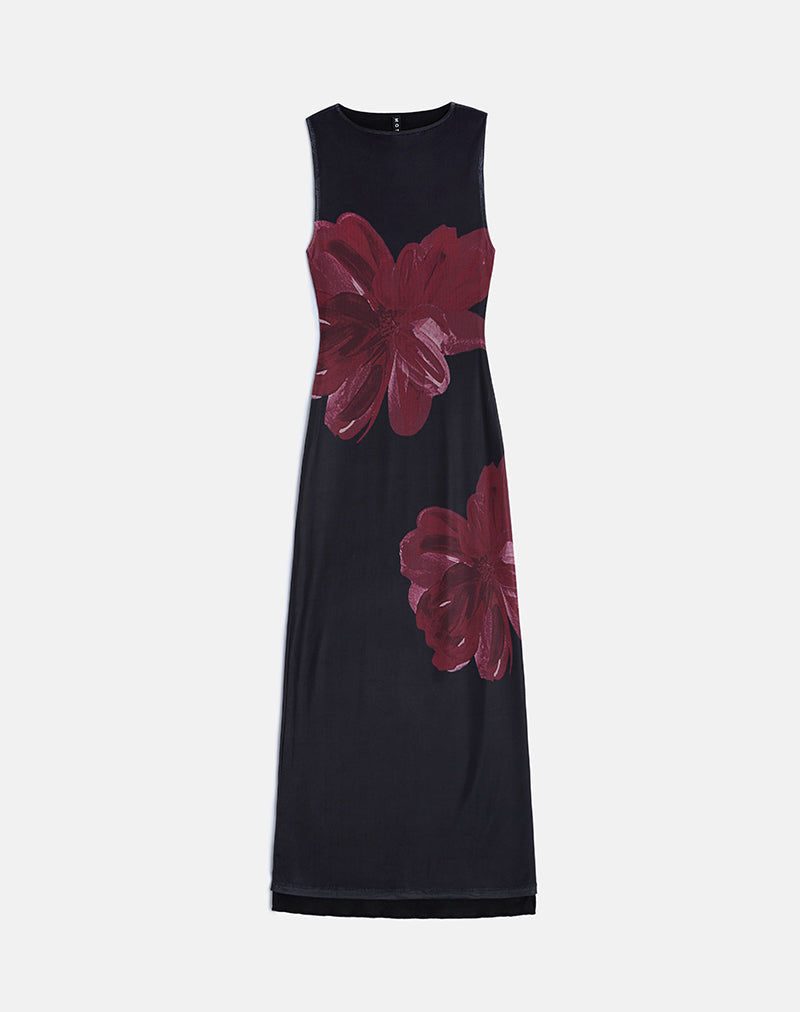 Maxi abito Fayola nero con fiori acquerellati bordeaux