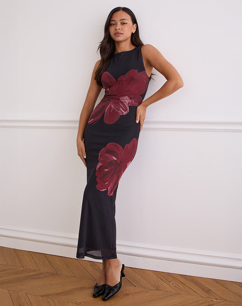 Maxi abito Fayola nero con fiori acquerellati bordeaux