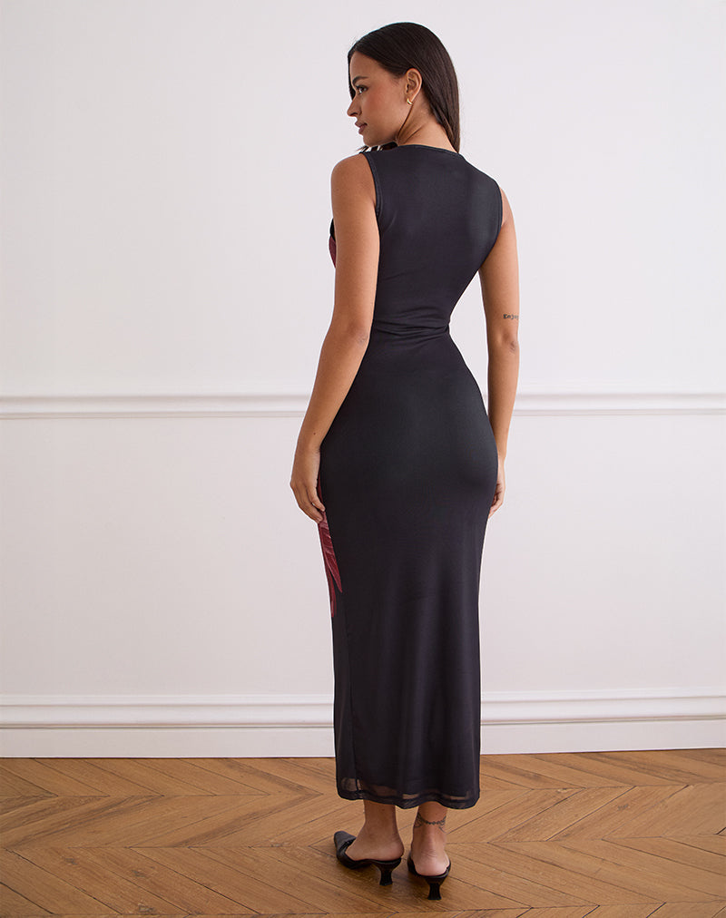Immagine di Fayola Maxi Dress in nero con fiore acquerellato in borgogna