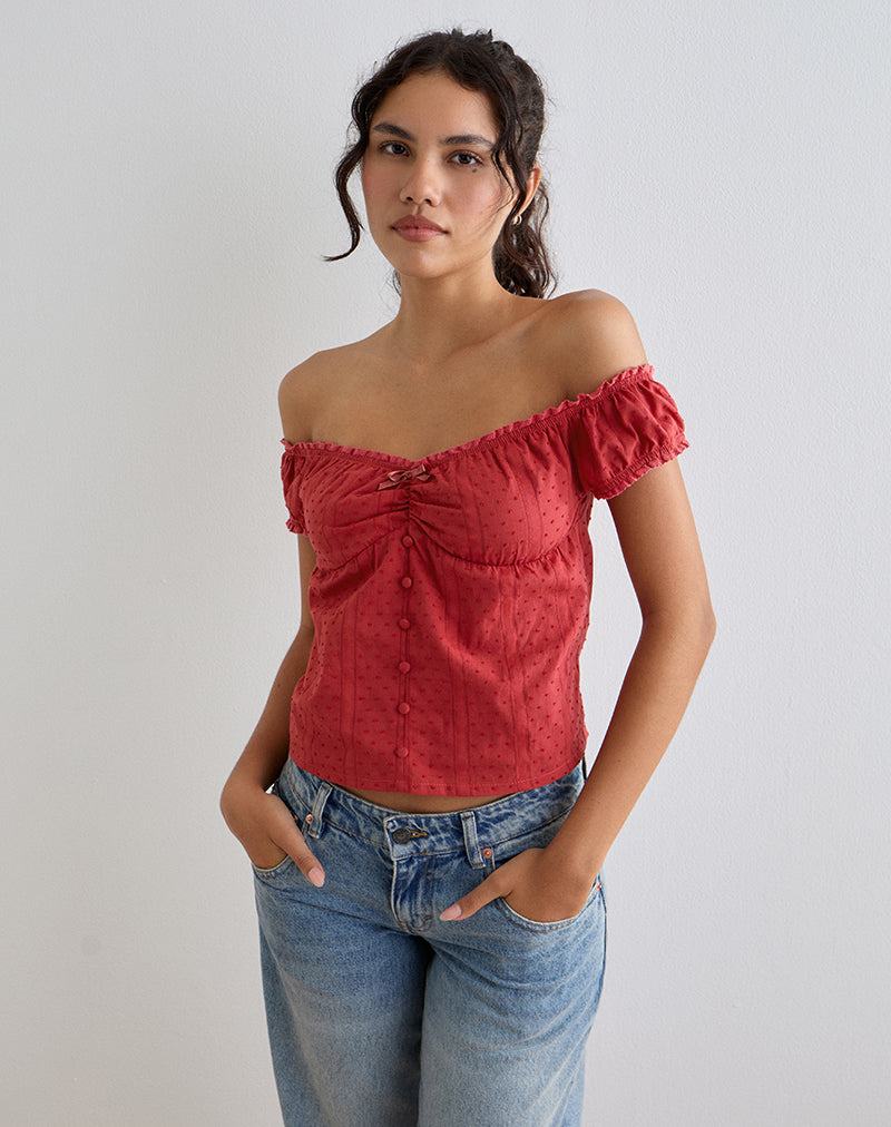 Fayra - Top con corsetto Bardot in Dobby rosso