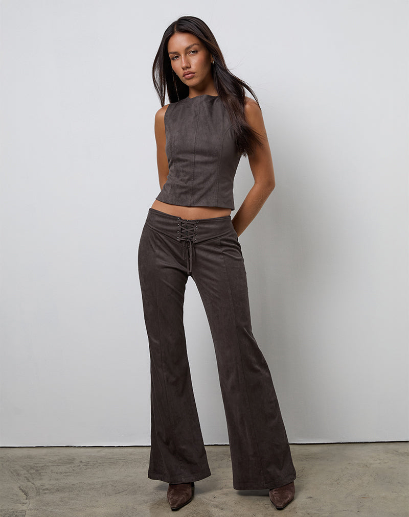 Pantaloni Vallen in ecopelle scamosciata marrone scuro