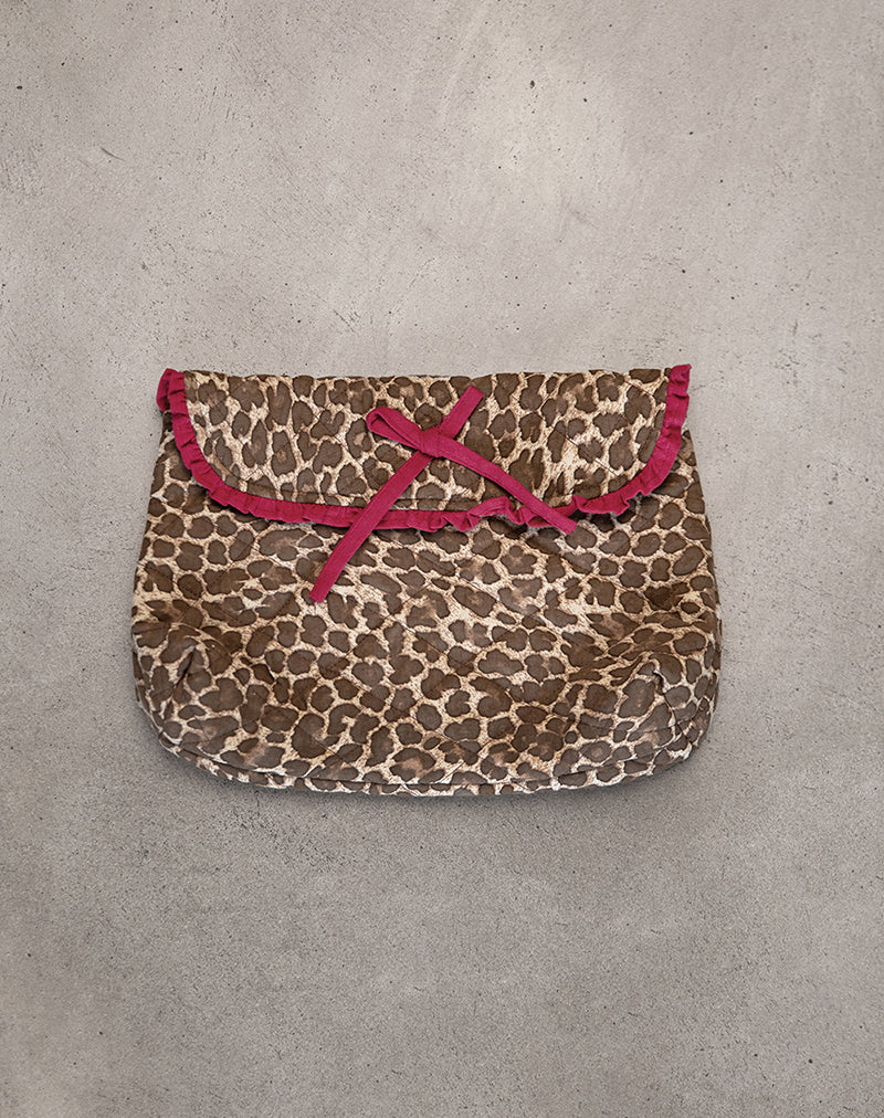 Borsa per il trucco pieghevole in leopardo con fiocco rosso