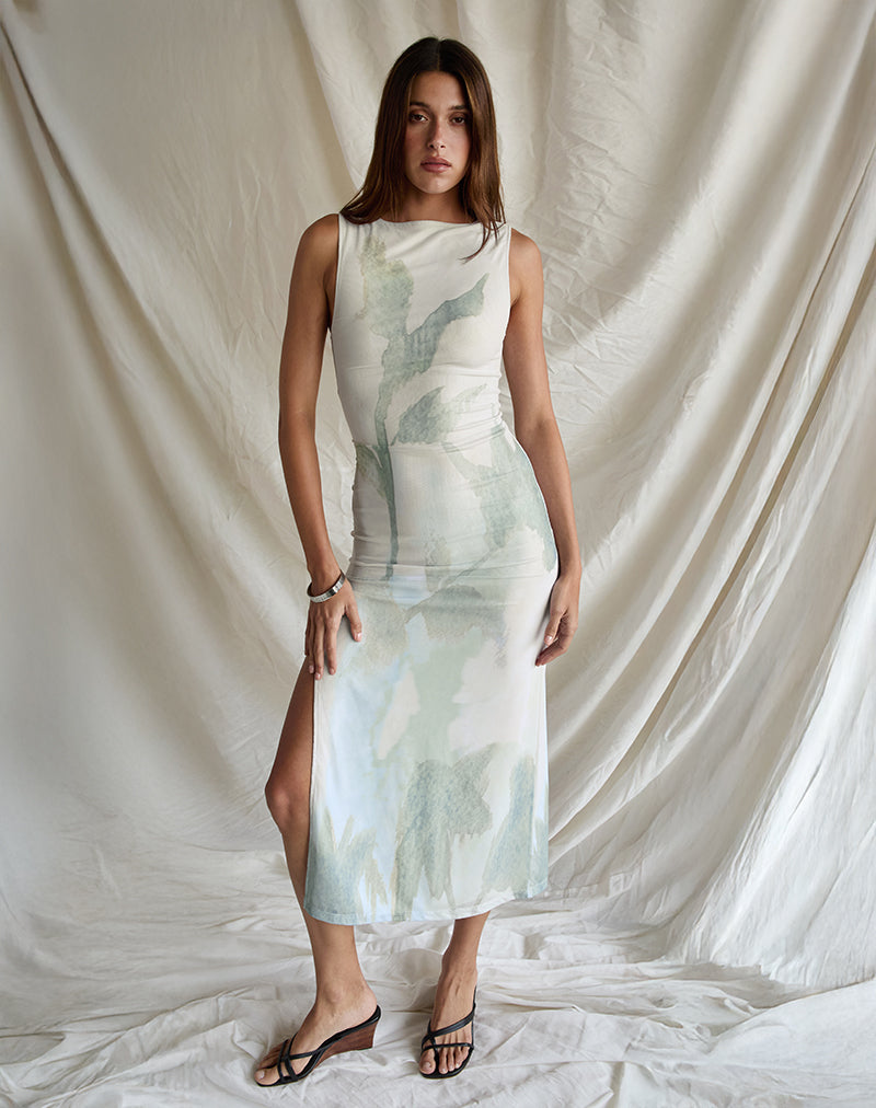 Abito Flo Midi in blu dipinto a fiori astratti