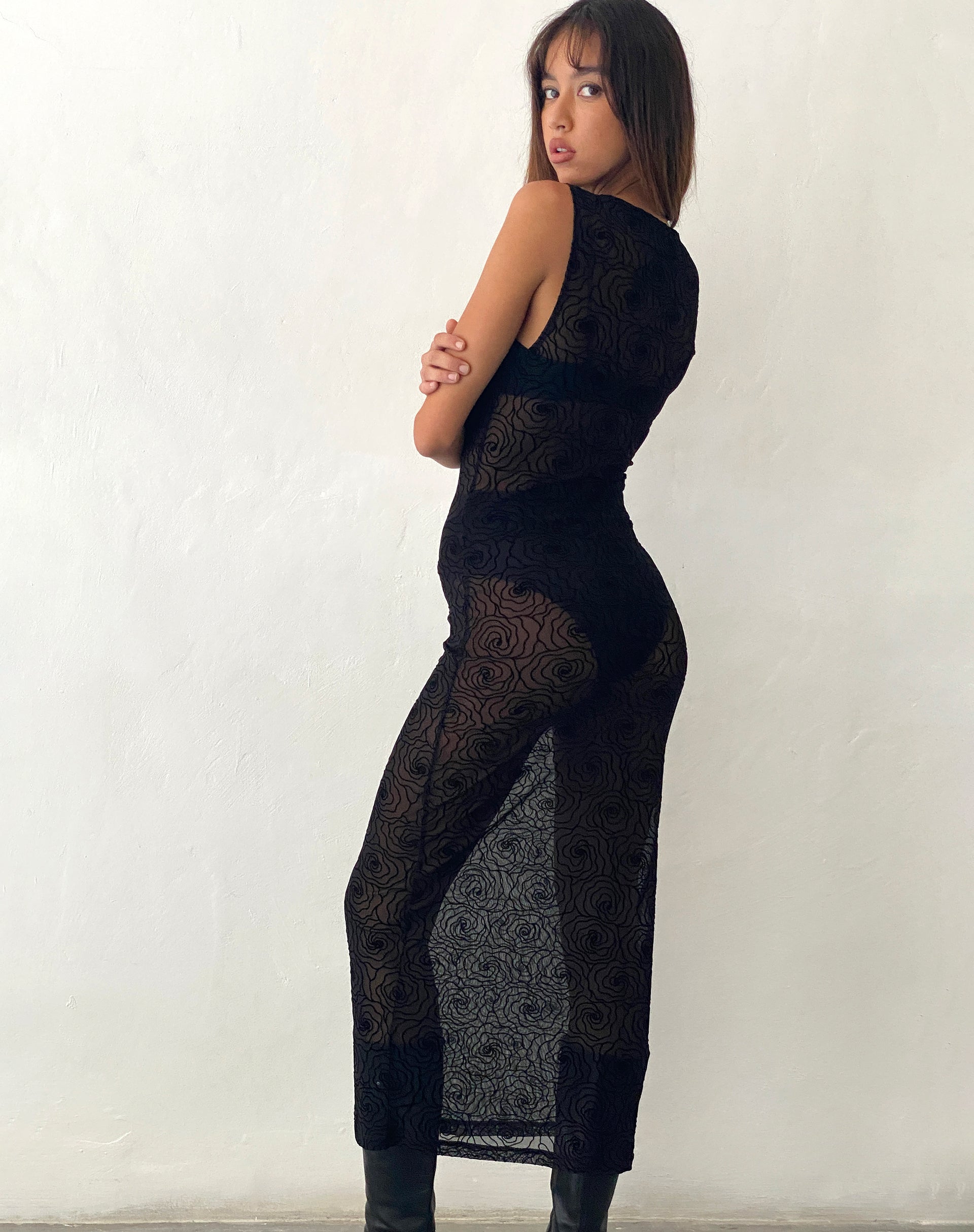 Immagine di Florian Vestito midi sfoderato in nero Fiore astratto Flock