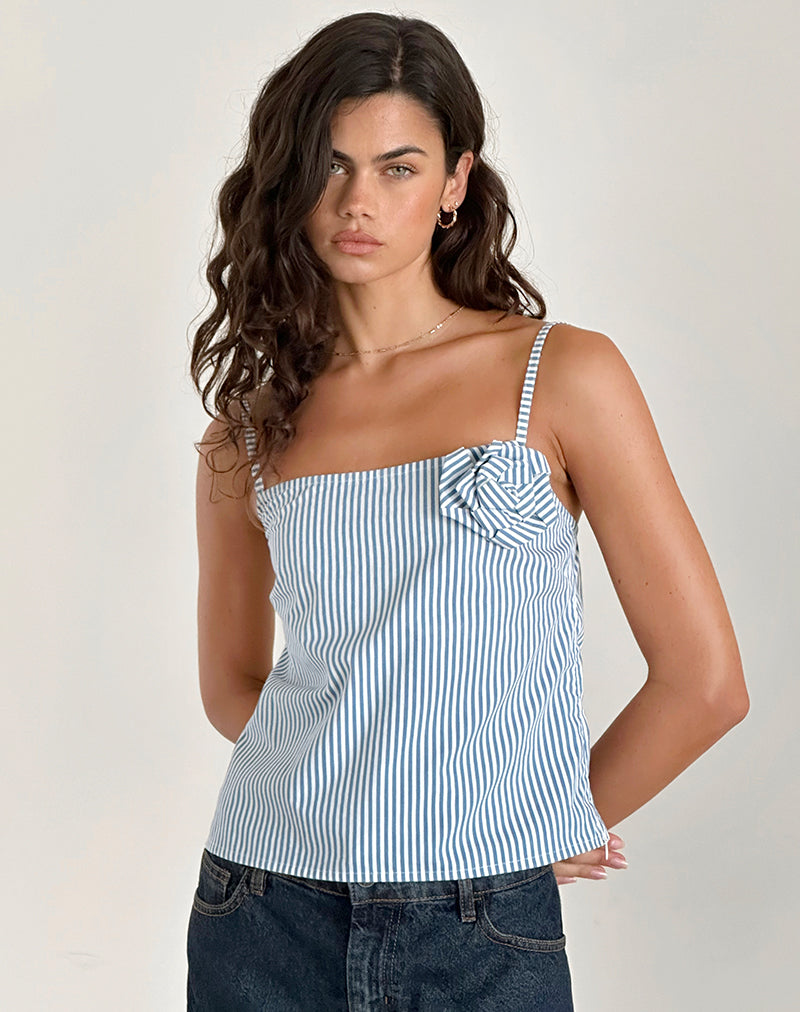 Top Flowa a righe verticali piccole blu con rosetta