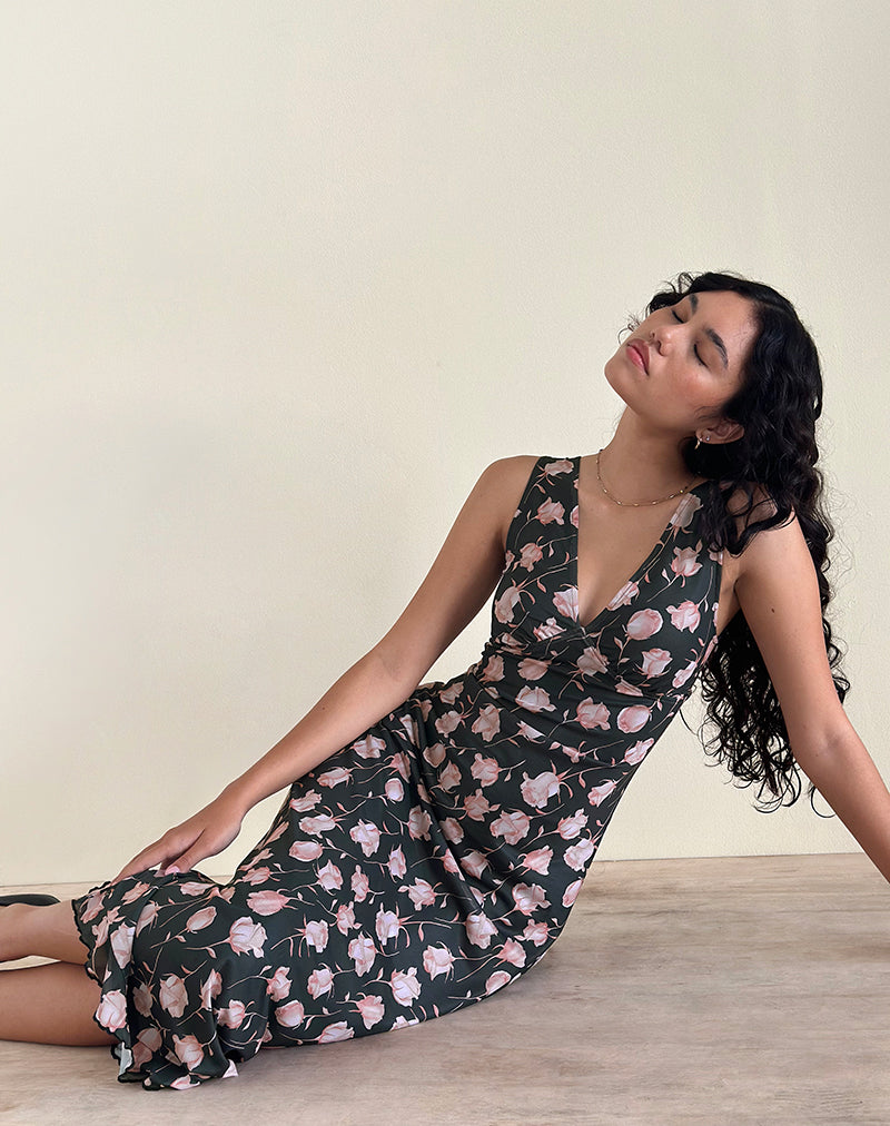 Vestito midi Gabriela in Falling Rose Jet Black