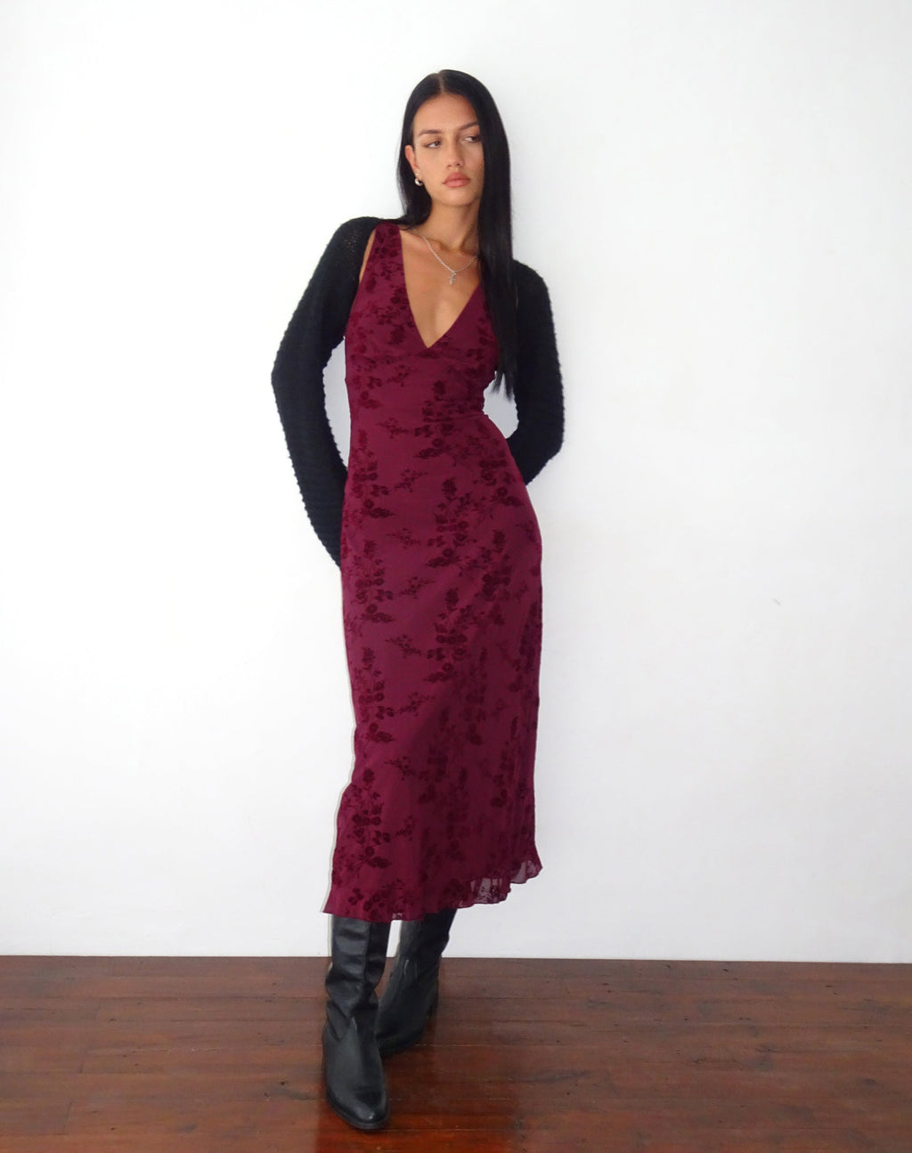 Gabriela - Vestito midi in fiore botanico marrone