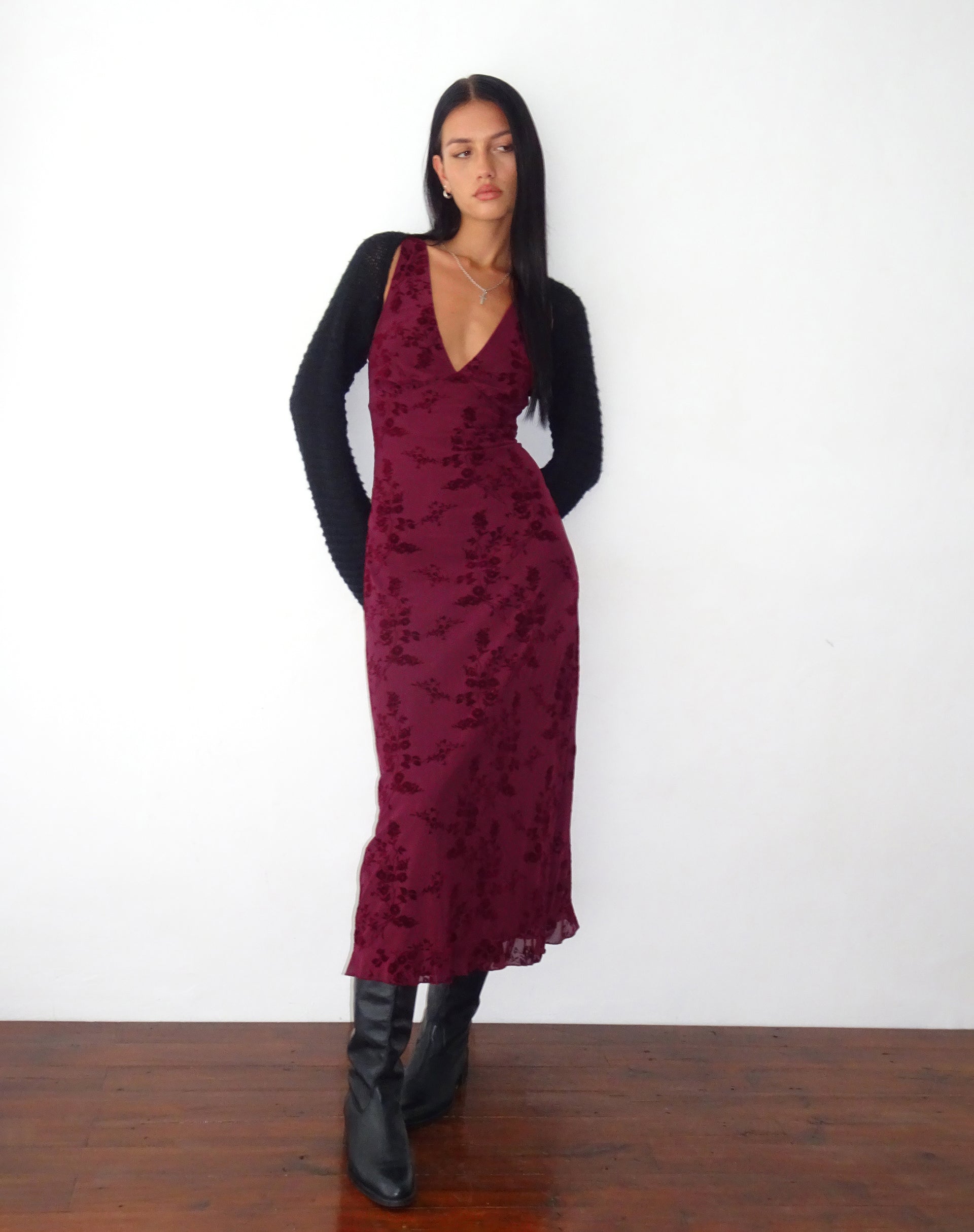 Gabriela - Vestito midi in fiore botanico marrone