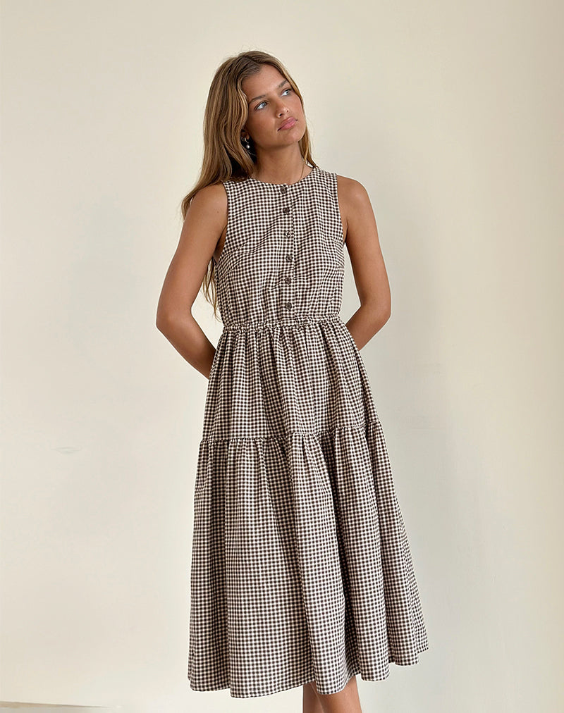 Galuh - Vestito Smock in Mini Gingham marrone