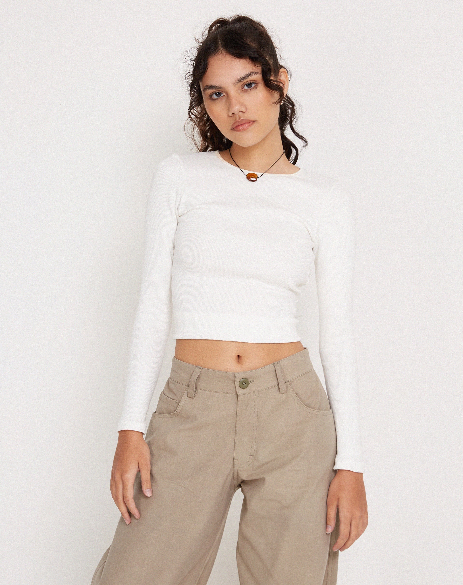 Immagine di Gelbon Open Back Long Sleeve Top in Rib White