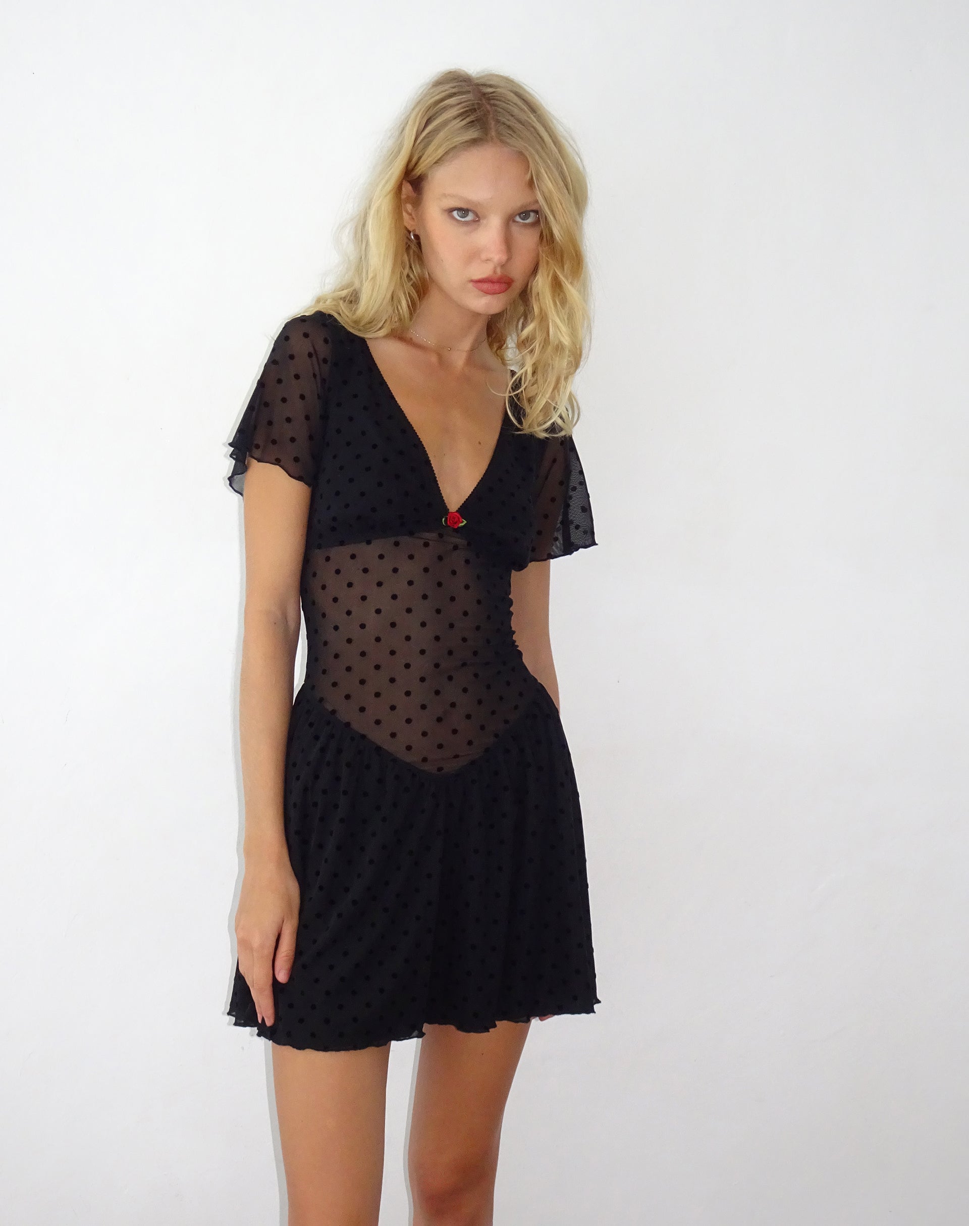 Immagine di Geni Mini Dress in Polka Nero Flock