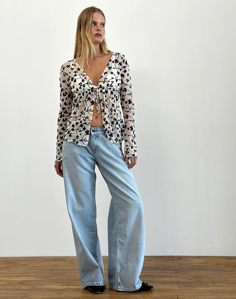 Immagine di Gerbera Top a manica lunga in grunge flock floreale crema