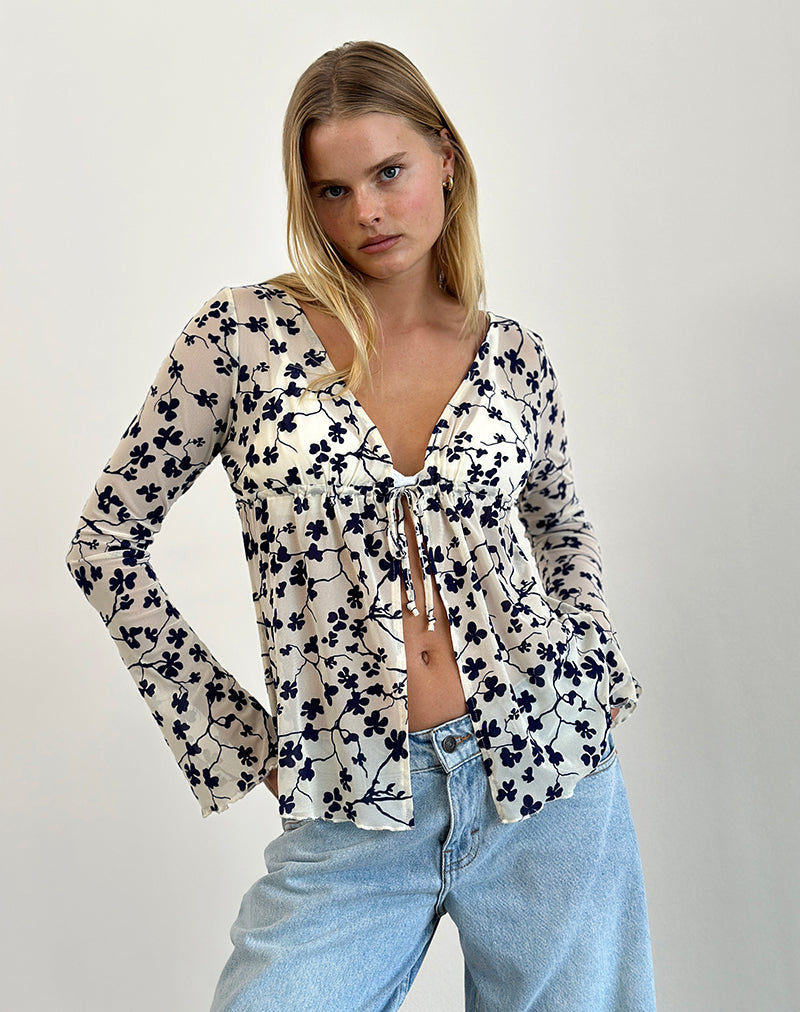 Top Gerbera a manica lunga in grunge flock floreale crema