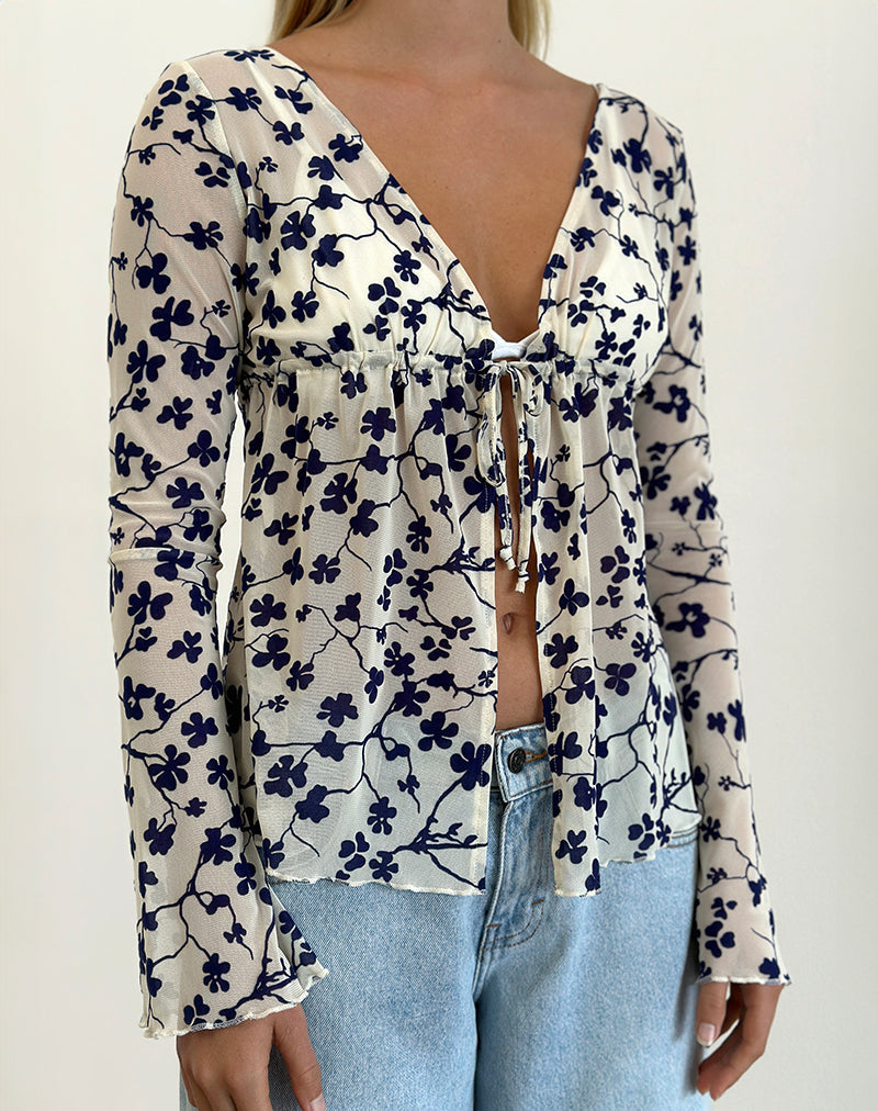 Top Gerbera a manica lunga in grunge flock floreale crema