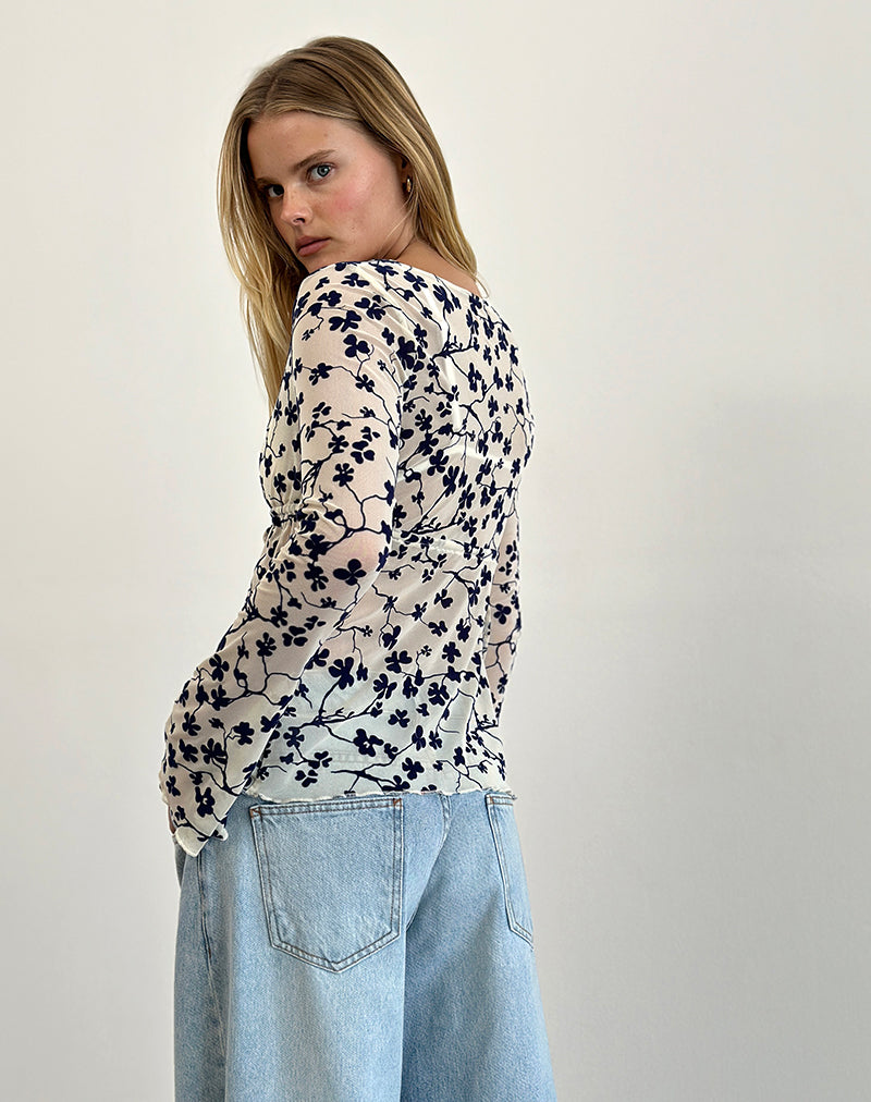 Immagine di Gerbera Top a manica lunga in grunge flock floreale crema