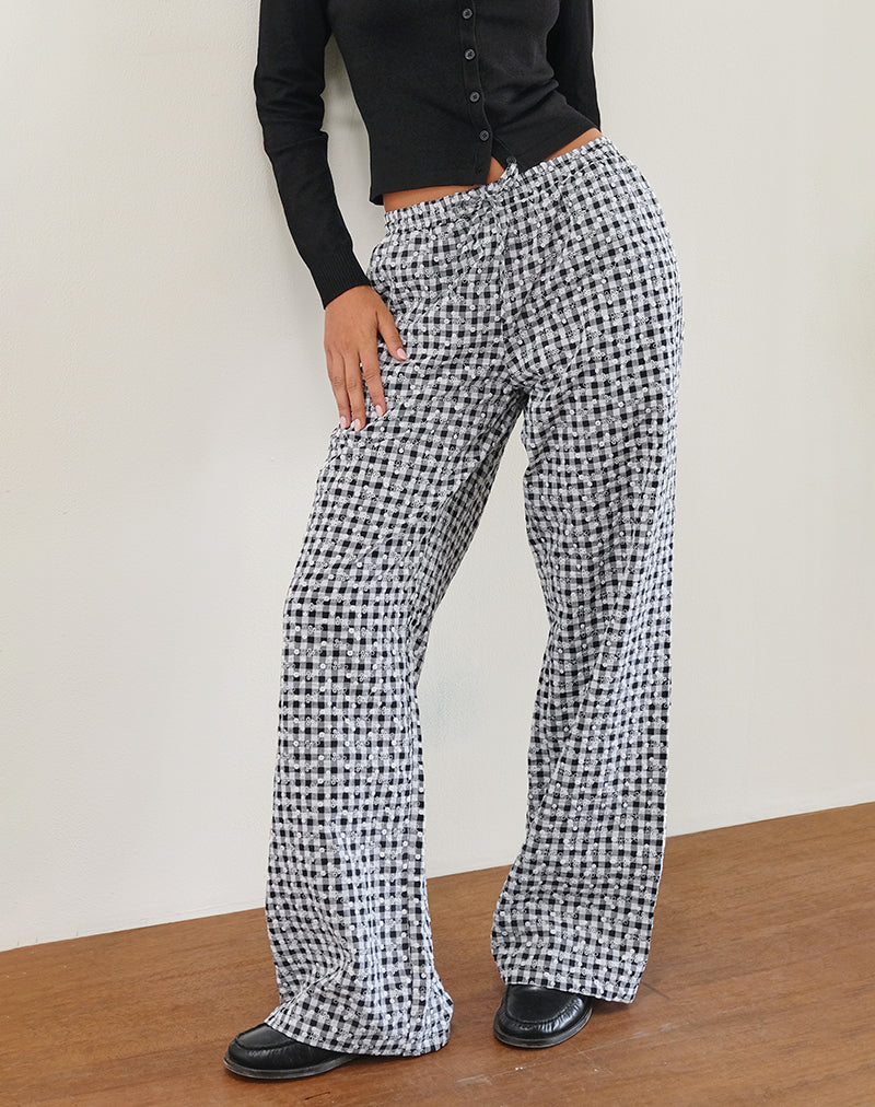 Immagine di Wasic Pantalone di lino a gamba larga in percalle floreale nero