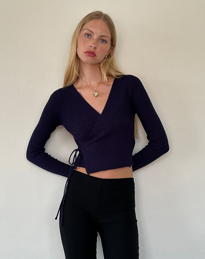 Gisela - Cardigan a portafoglio in maglia blu notte
