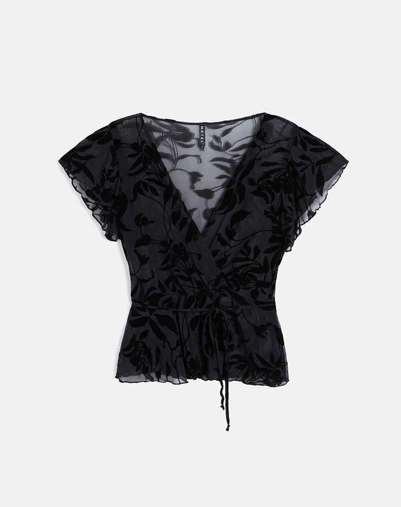 Immagine di Giuliana Wrap Top in Flock Leaf Flower Nero