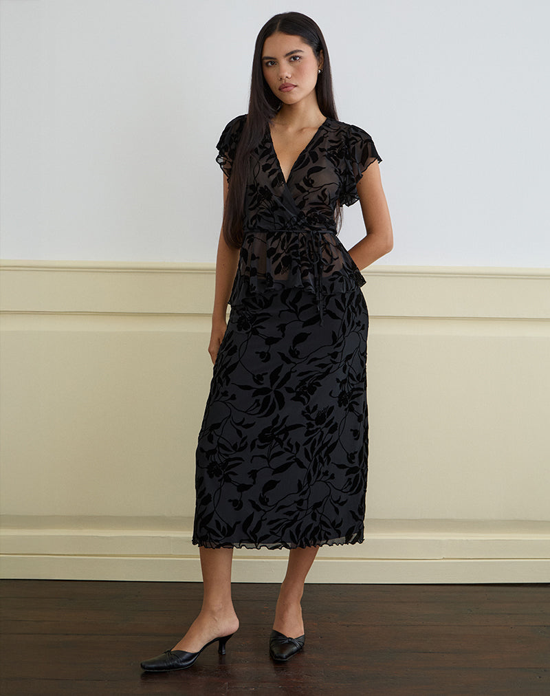 Immagine di Giuliana Wrap Top in Flock Leaf Flower Nero