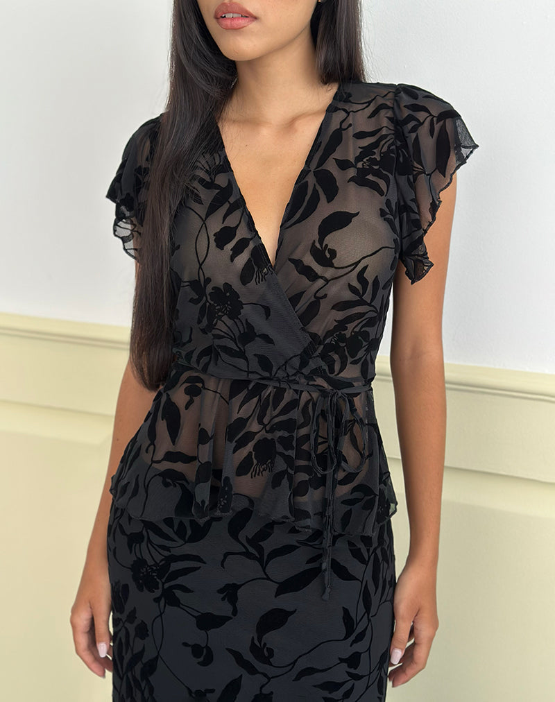 Top a portafoglio Giuliana in Flock Leaf Flower nero