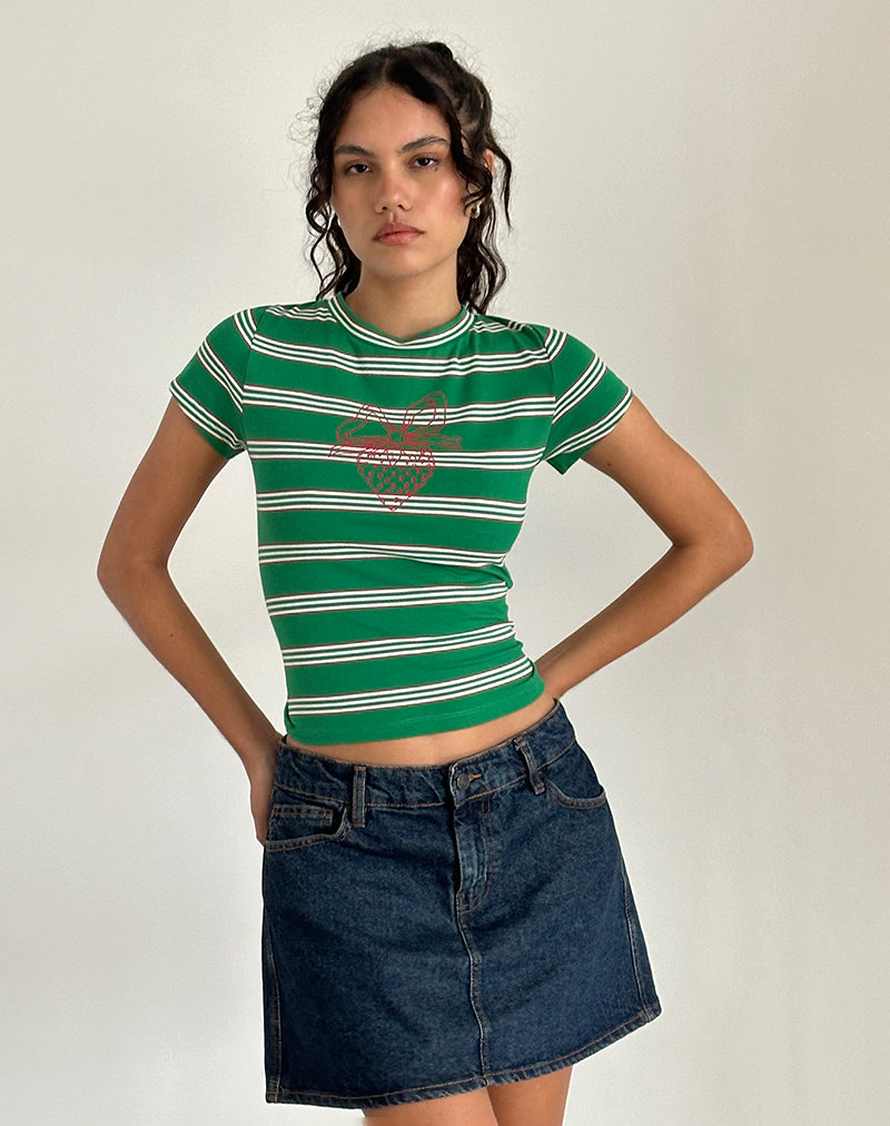 immagine della t-shirt Glenda in jersey a strisce bianche e verdi con motivo a fragole