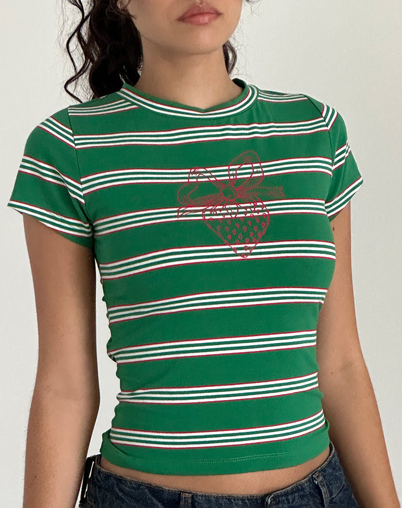 immagine della t-shirt Glenda in jersey a strisce bianche e verdi con motivo a fragole