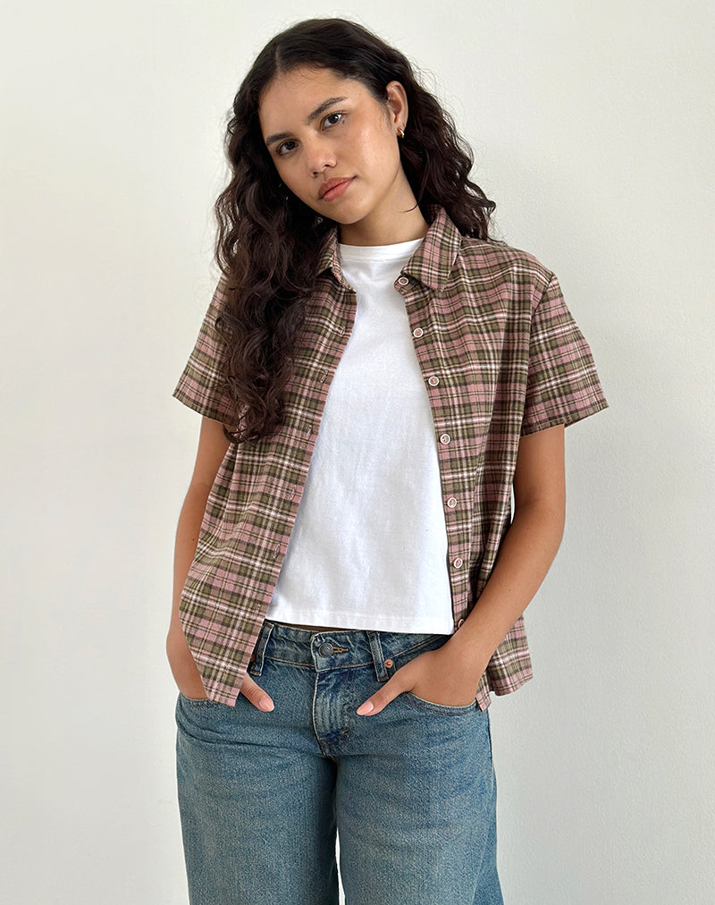 Camicia Gosanri a maniche corte a quadri rosa e verdi
