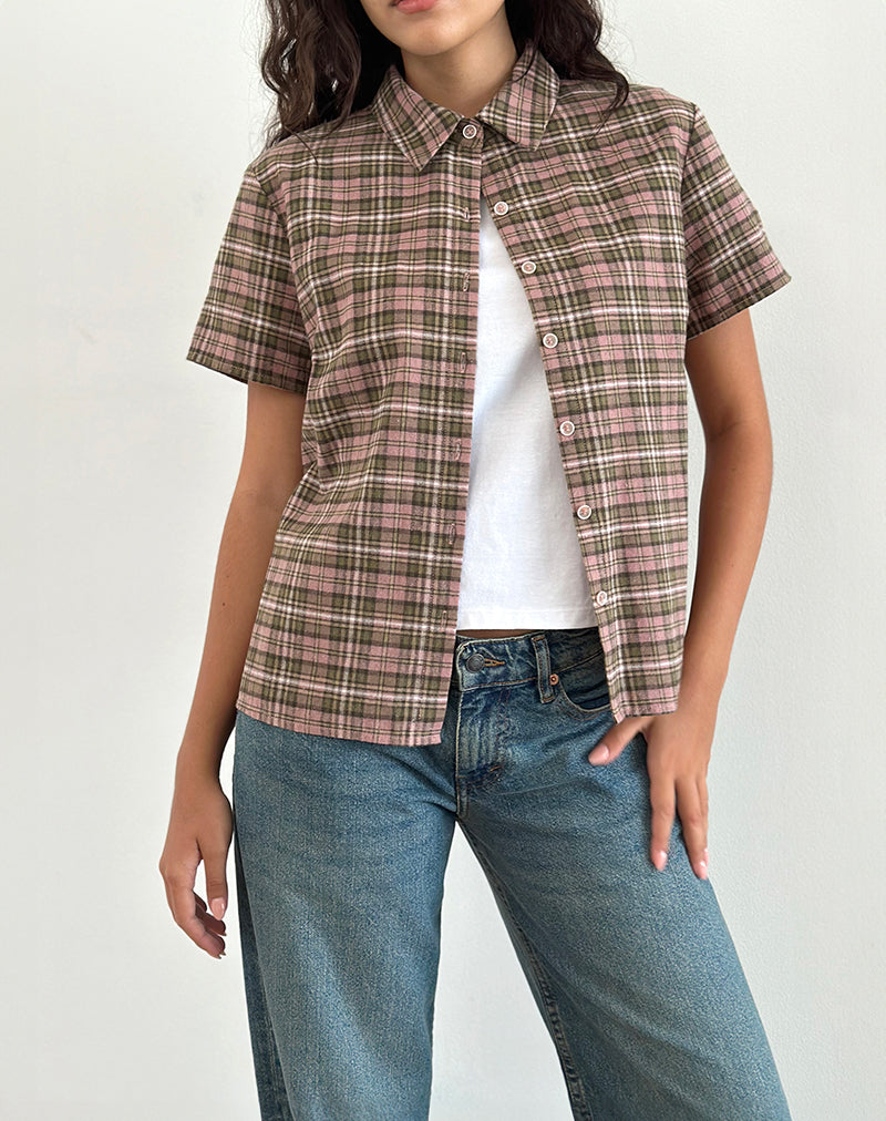 Camicia Gosanri a maniche corte a quadri rosa e verdi