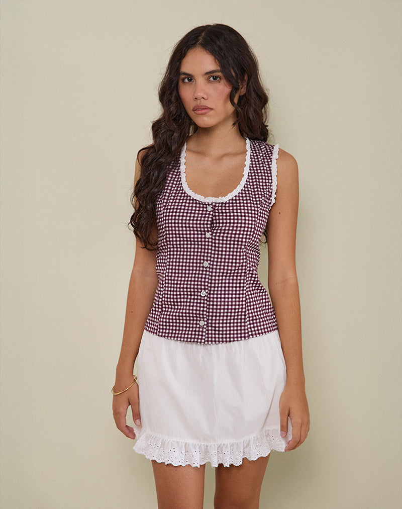 Immagine di Gronita Blusa in Mini Gingham Vino con Pizzo Bianco