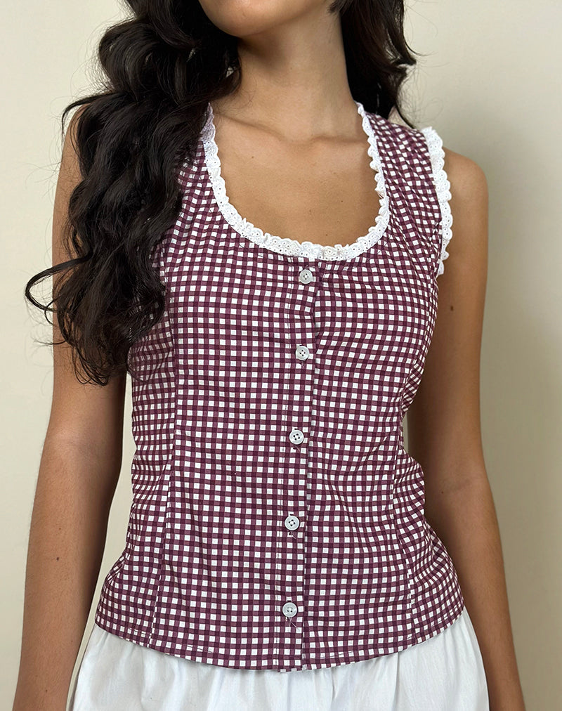 Immagine di Gronita Blusa in Mini Gingham Vino con Pizzo Bianco