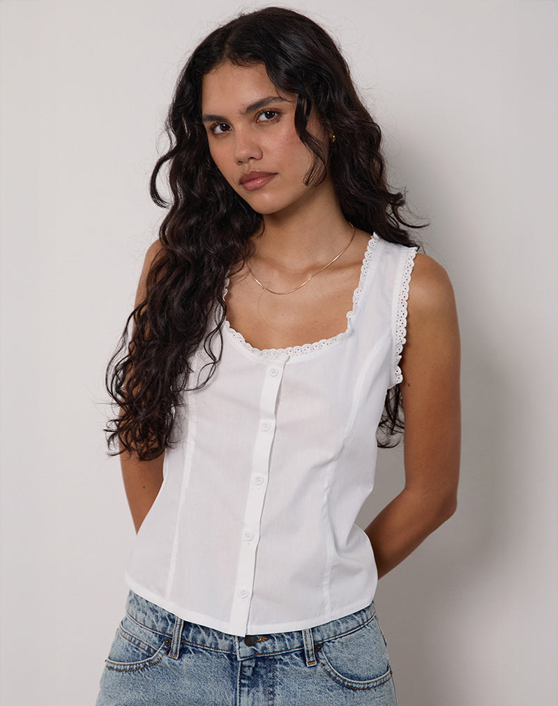 Top Gronita in popeline bianco con bordi broderie