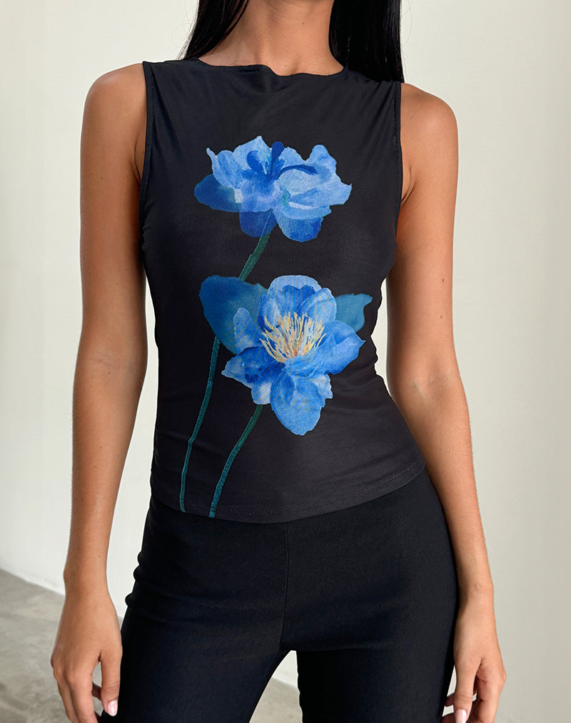 Top Hala in nero con fiore acquerellato blu