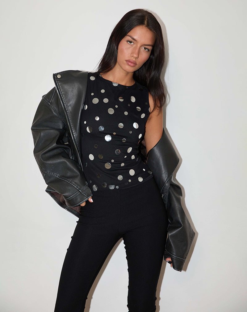 Top Hala in nero con fiocco argento a pois