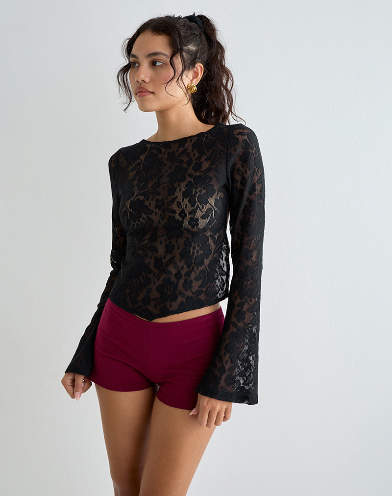 Halfi - Top a maniche lunghe in pizzo all'uncinetto Hibiscus - Nero