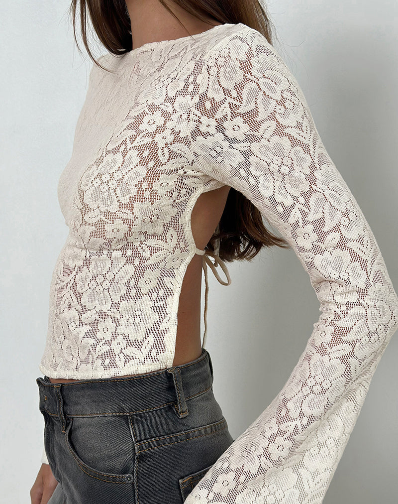 Top a maniche lunghe Halfi in pizzo all'uncinetto Hibiscus Avorio
