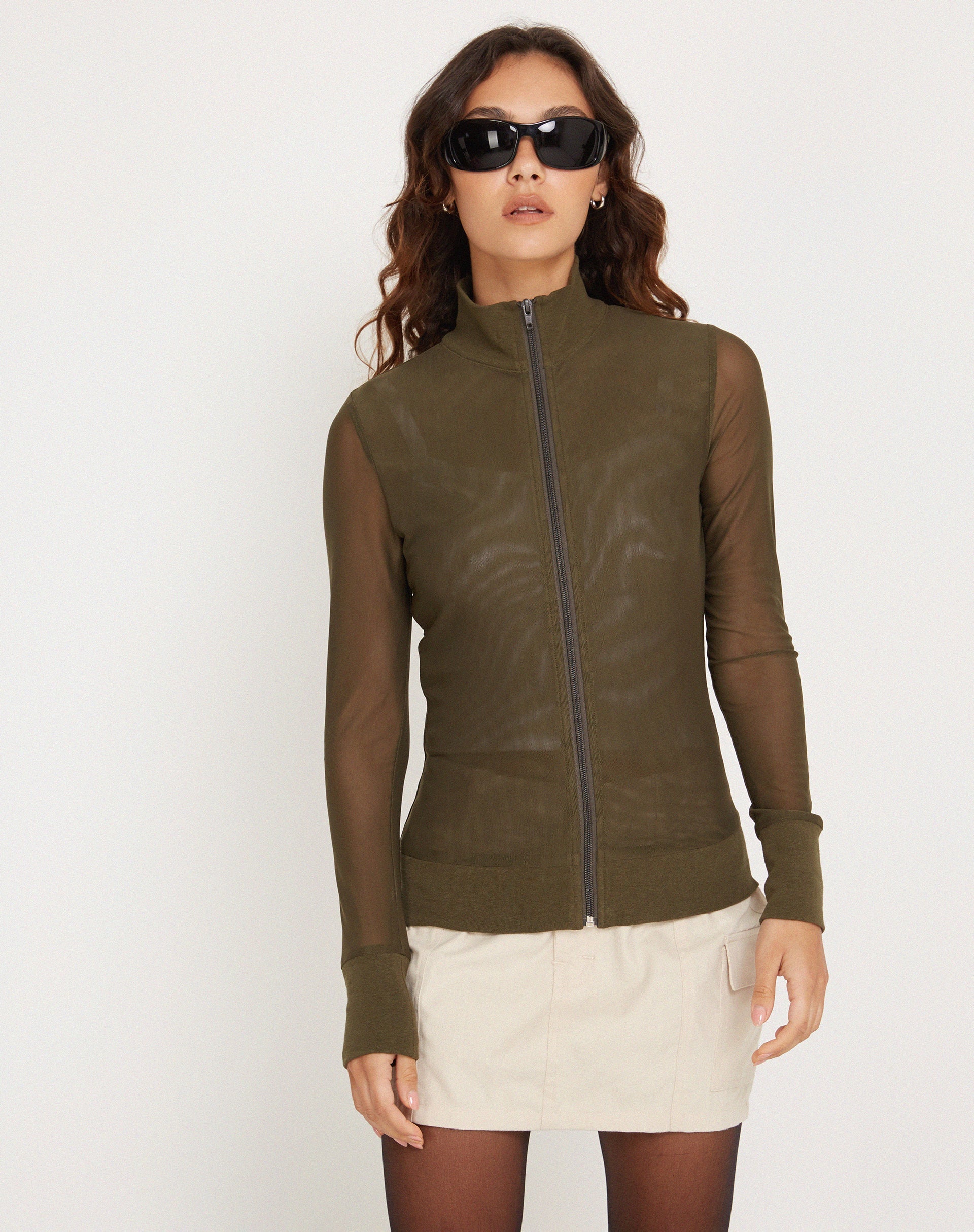 immagine di Hanbin Zip Up Jumper in Mesh Olive