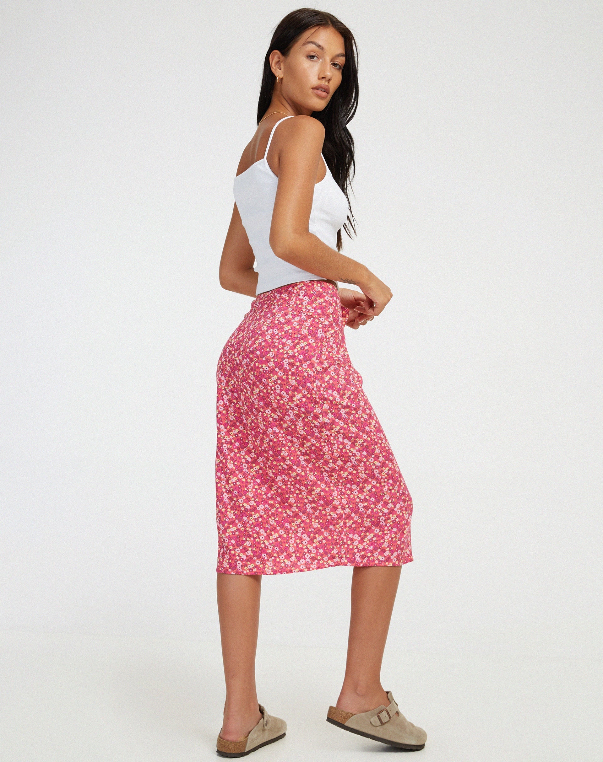 immagine di Harriet Midi Skirt in rosa floreale ditsy