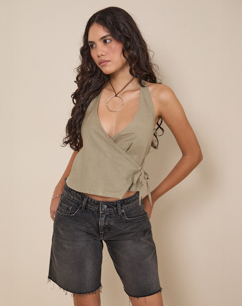 Immagine di Hart Tie Side Top in lino verde ardesia