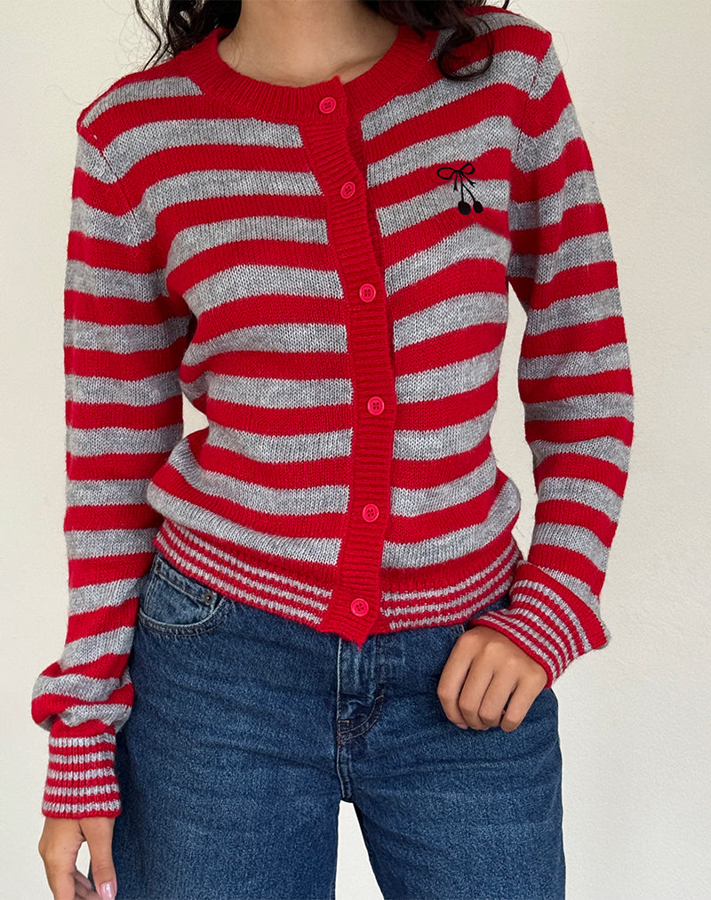 Cardigan Henidar a strisce rosse e grigie con stampa a ciliegia