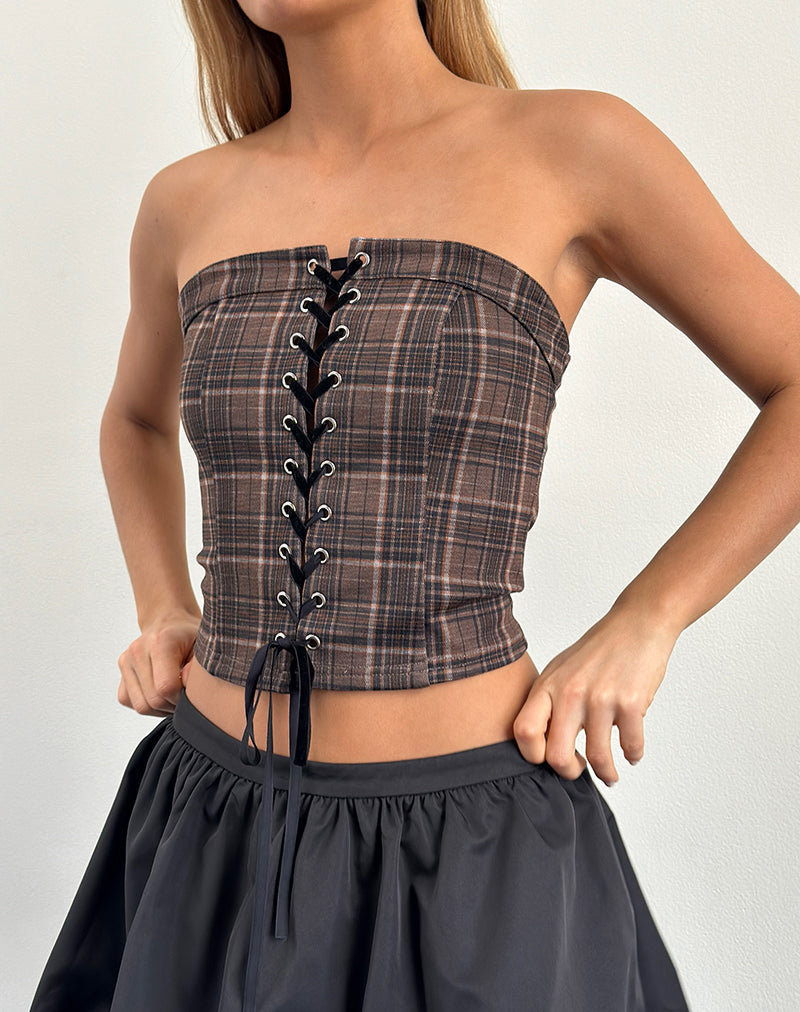Heska - Top con corsetto in pizzo a quadri marrone