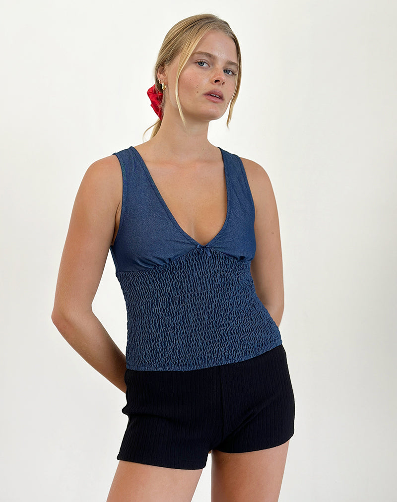 Hevalis - Top arricciato in Indigo Denim Chambray