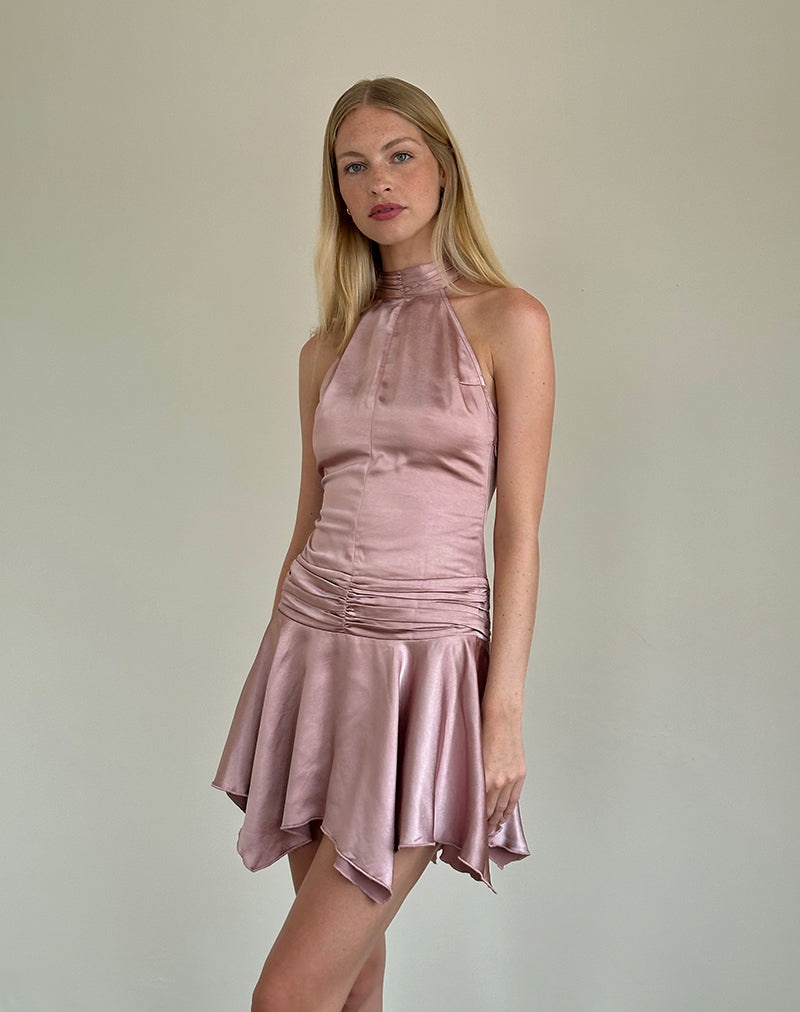 Immagine di Hydri Mini abito in raso con scollo a mezzaluna, rosa baby