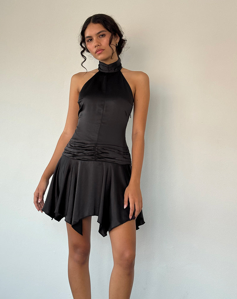 Immagine di Hydri Satin Halterneck Mini Dress in Black