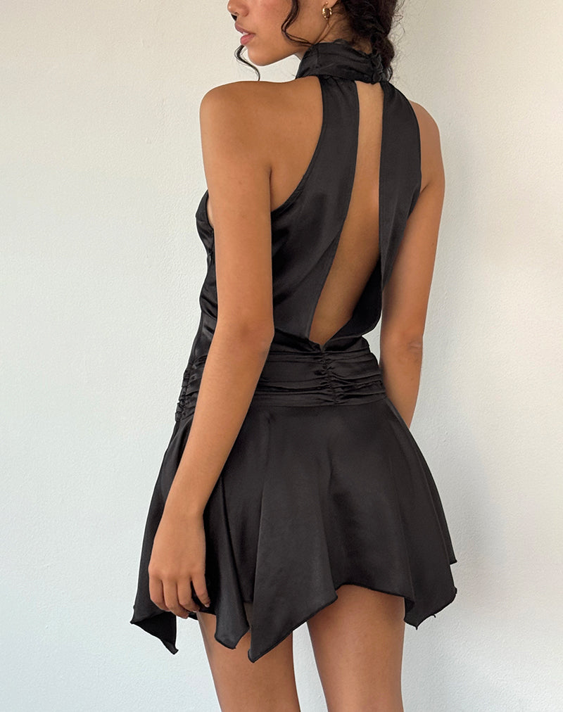 Hydri - Mini abito in raso con scollo a mezzaluna - nero