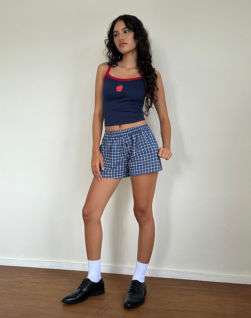 Immagine della canottiera Icah in blu navy con bordatura rossa e motivo a mela