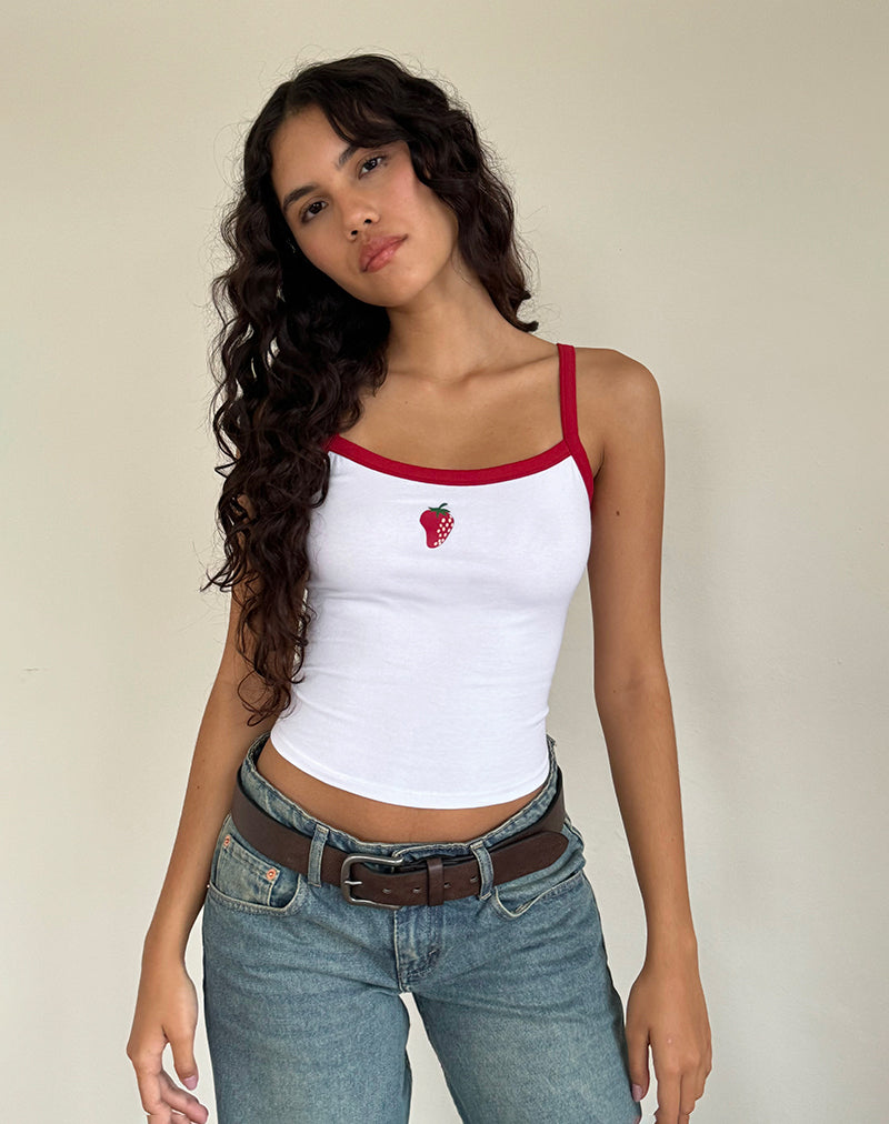 Immagine di Icah Gilet Top in bianco con bordino rosso e fragola
