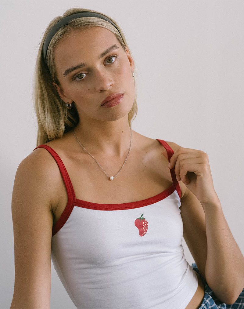Immagine di Icah Gilet Top in bianco con bordino rosso e fragola