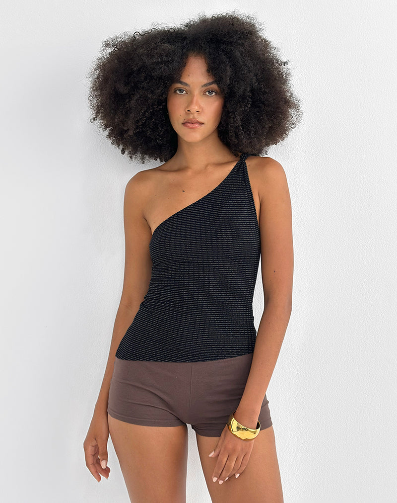 Top monospalla Idari in jersey a righe metalliche nero
